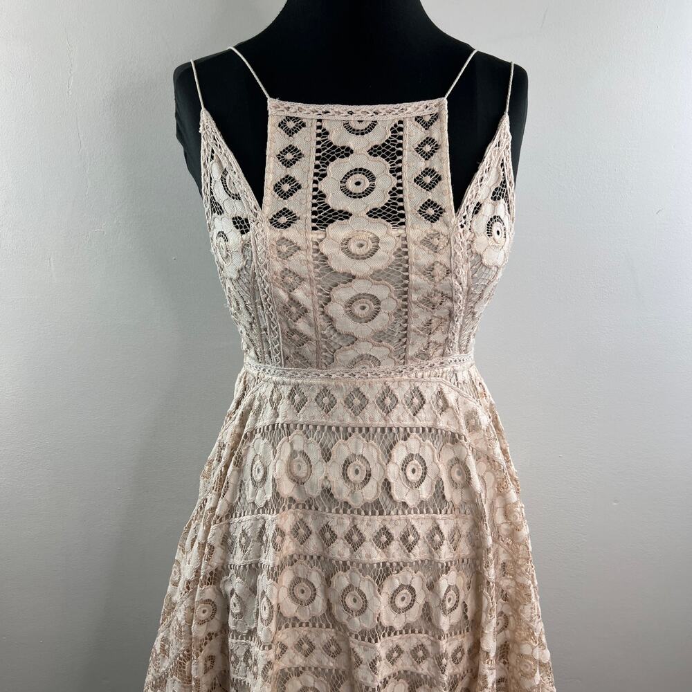 FREE PEOPLE Beige White A-line Dress Floral Just Like Honey Lace Back Zip Size 0 - Picture 2 of 9